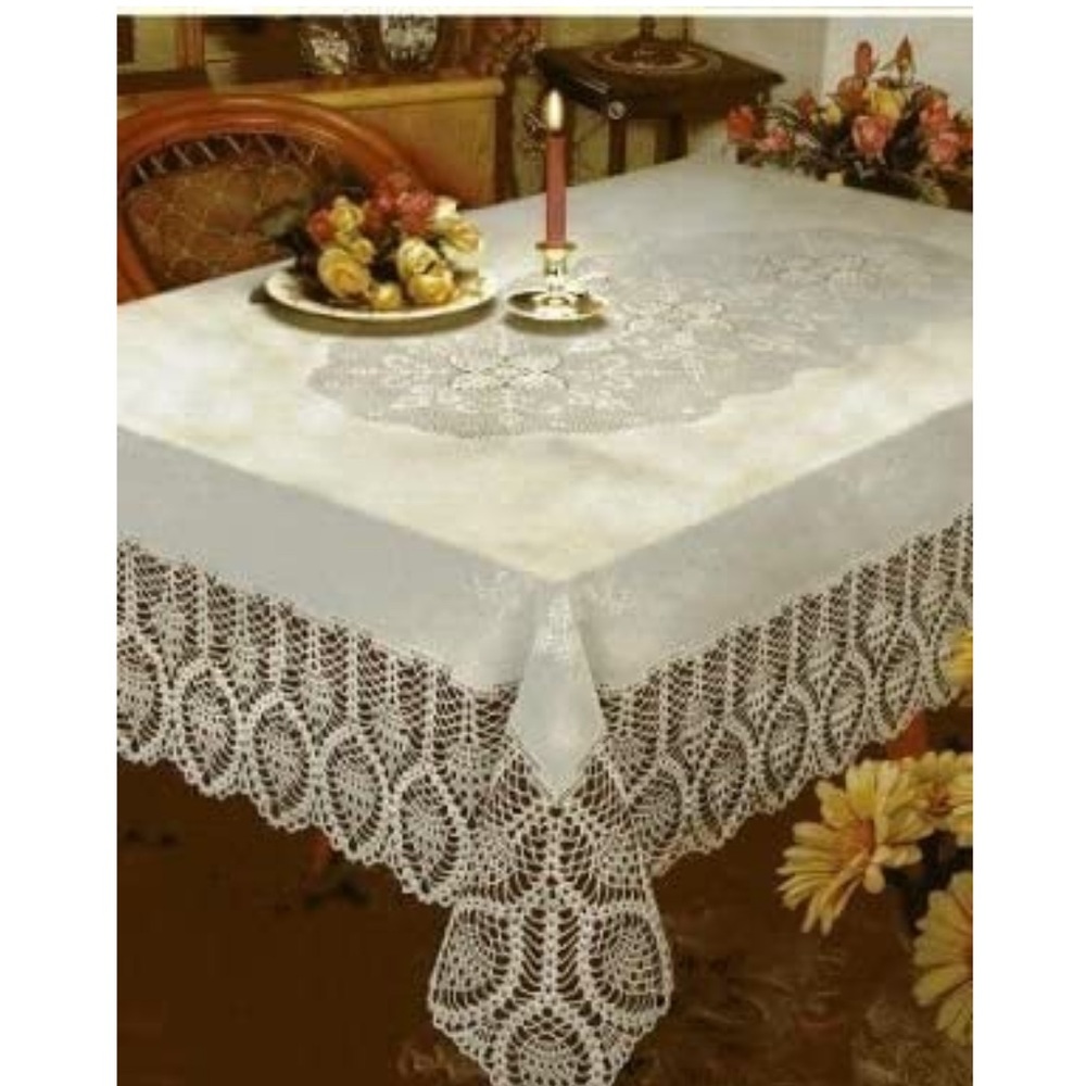 New Crochet Vinyl Lace Tablecloth, 60" wide X 90" long Oblong, Bone Beige
